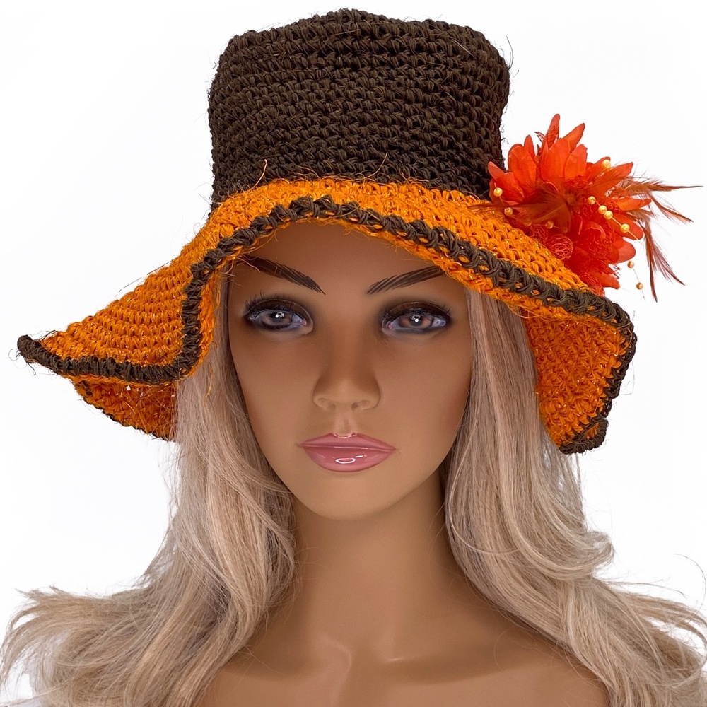 Spectacular Handwoven Couture Hat | Crochet Fique Rffia Palm | Brown / Orange